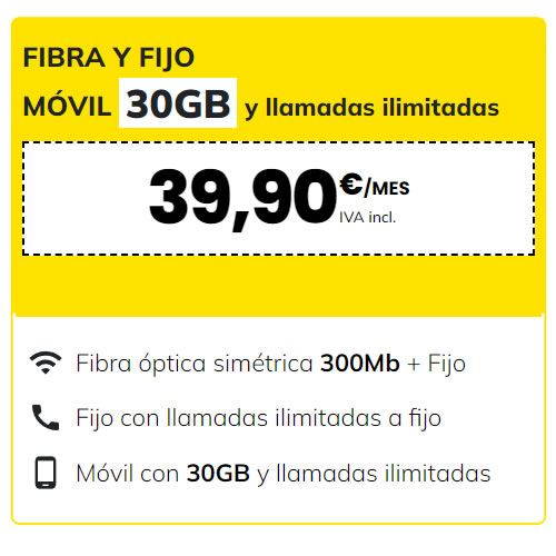 Fibra, fijo y móvil 70gb y llamadas ilimitadas por 39,90 euros al mes