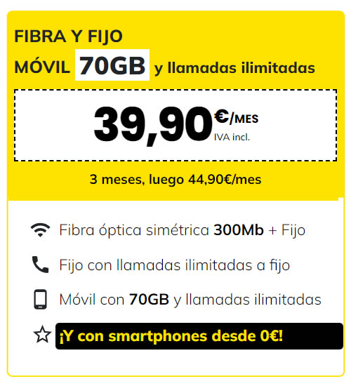 Fibra, fijo y móvil 70gb y llamadas ilimitadas por 39,90 euros al mes