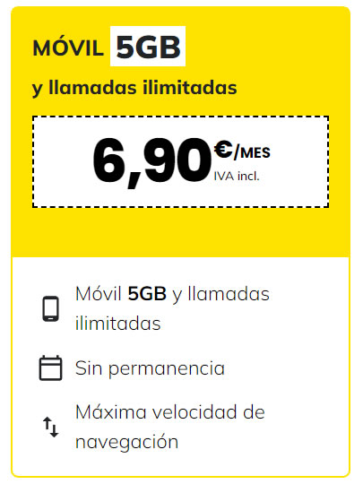 Movil 5gb y llamadas ilimitadas 6,90 euros al mes