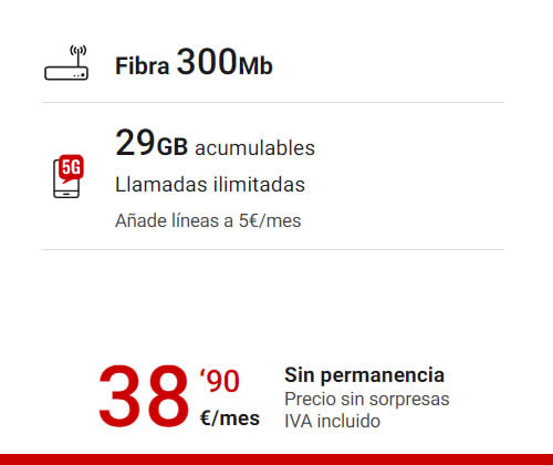 Fibra 300mb, movil 29gb con llamadas ilimitadas por 38,90€ al mes