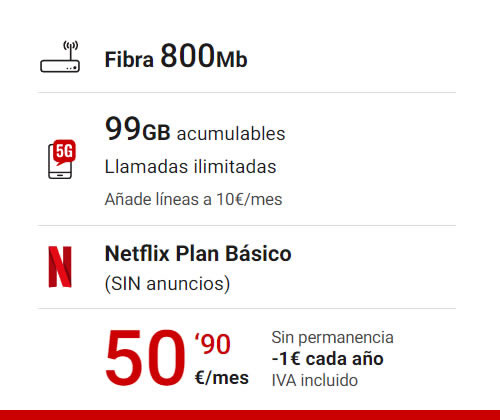 Fibra 800mb, movil 99gb con llamadas ilimitadas y plan básico de Netflix por 50,90€ al mes
